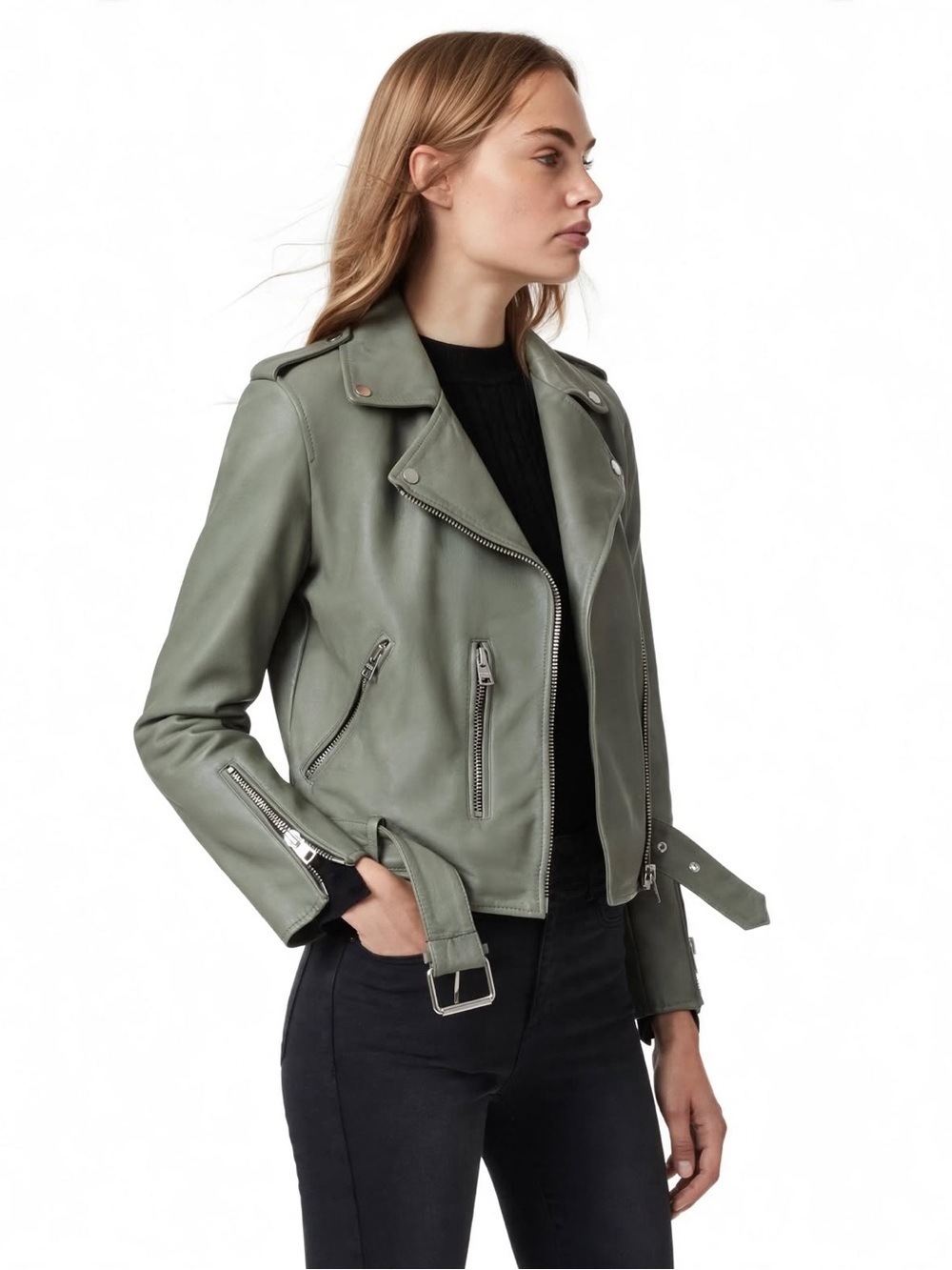 ALLSAINTS BALFERN LEATHER BIKER JACKET IN SAGE GREEN SIZE - 0